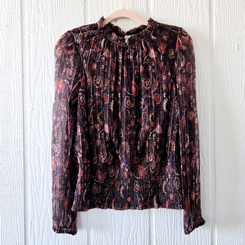 Joie Boho Floral Metallic Smocked Cropped Peasant Top Sheer Sleeves Brown Large